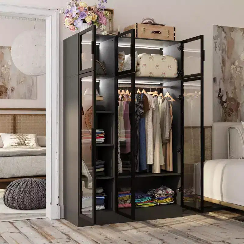 Famapy Vetrinetta Armadio Illuminazione a LED Ante in Vetro Guardaroba Nero