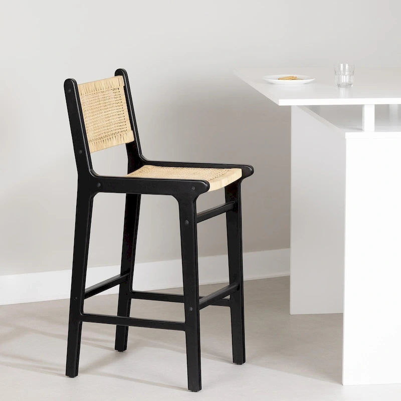 Sgabello da bar in rattan con struttura in legno di teak