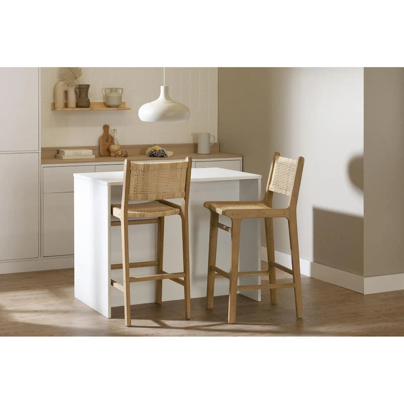 Sgabello da bar in rattan con struttura in legno di teak