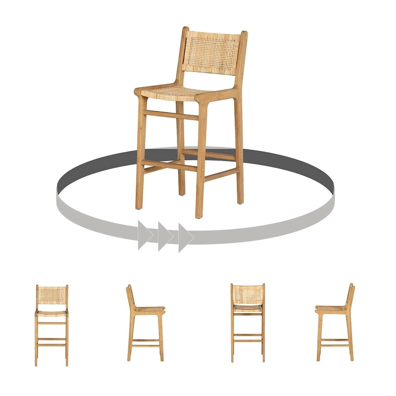 Sgabello da bar in rattan con struttura in legno di teak