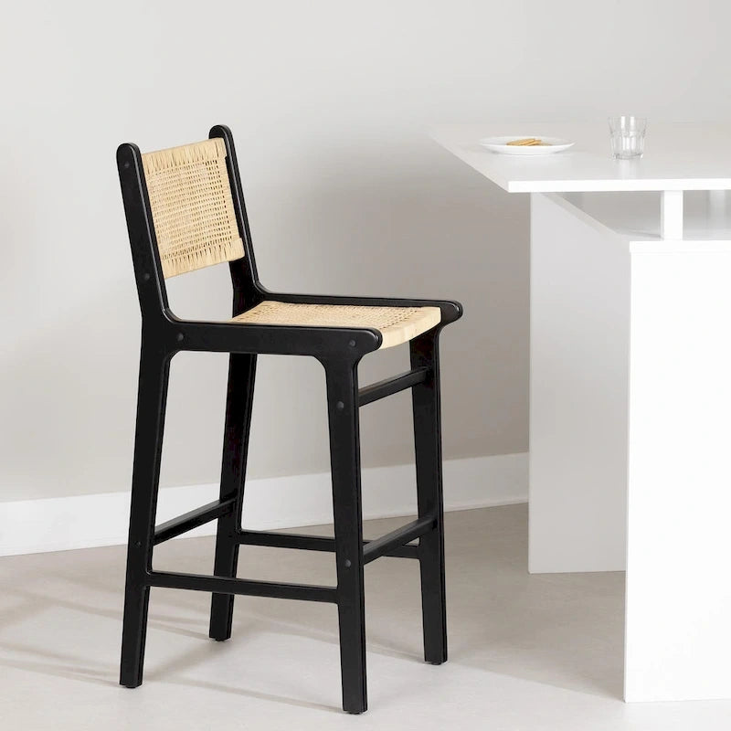 Sgabello da bar in rattan con struttura in legno di teak