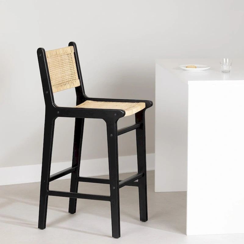 Sgabello da bar in rattan con struttura in legno di teak