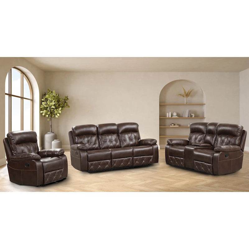 Set Divano Reclinabile Manuale Owen 3 Pezzi in Pelle Traspirante Marrone