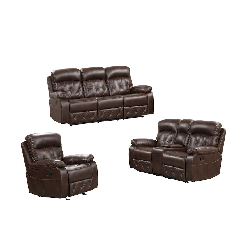 Set Divano Reclinabile Manuale Owen 3 Pezzi in Pelle Traspirante Marrone