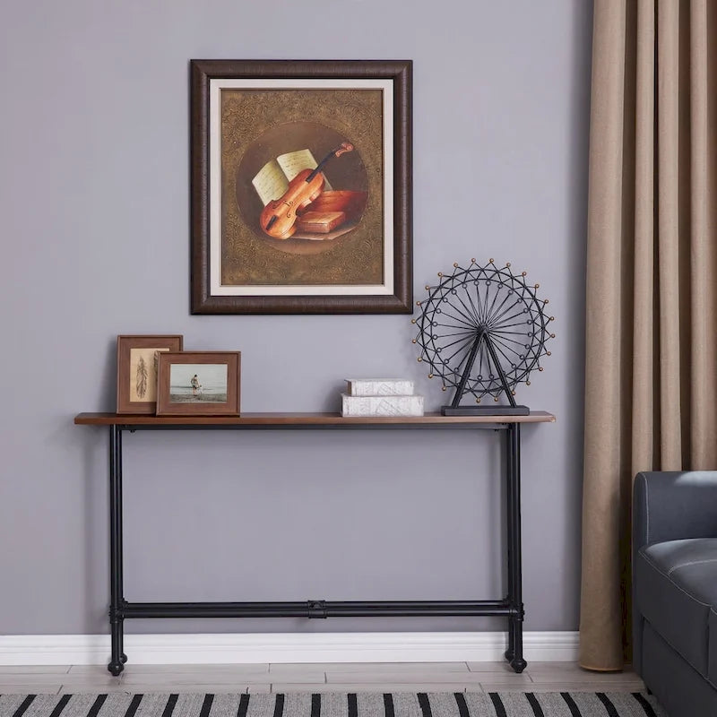 Tavolo console industriale sottile nero ed espresso con impiallacciatura in betulla