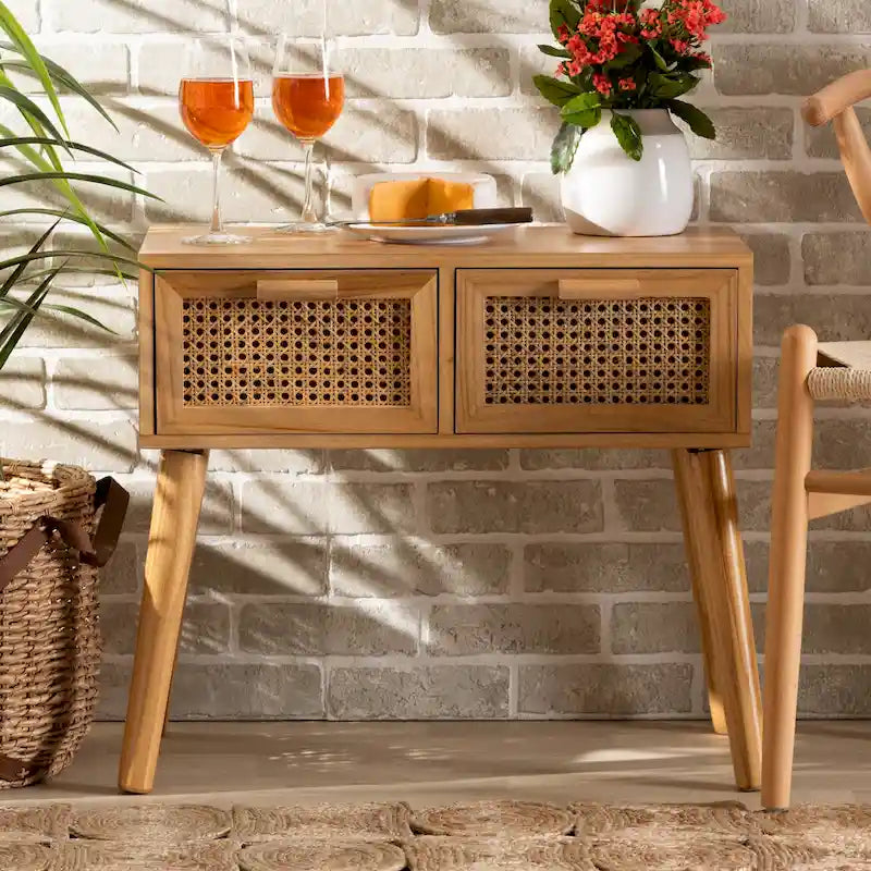 Falan Mid-Century Modern 2-Drawer Wood Console Table with Rattan-Oak