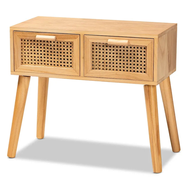 Consolle a 1 cassetto in rattan marrone quercia stile Mid-Century, singolo