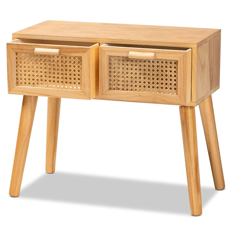 Consolle a 1 cassetto in rattan marrone quercia stile Mid-Century, singolo