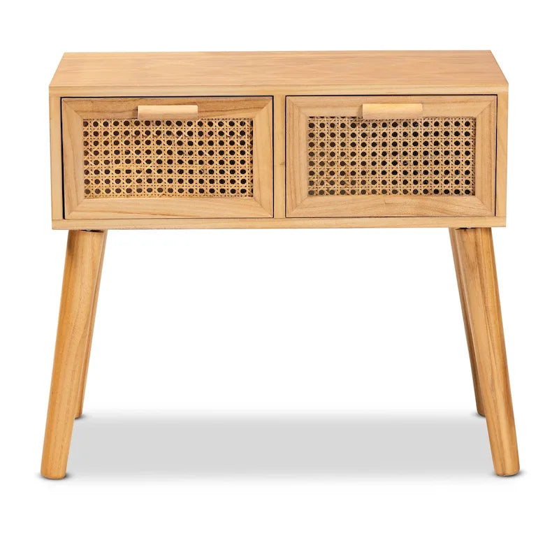 Consolle a 1 cassetto in rattan marrone quercia stile Mid-Century, singolo