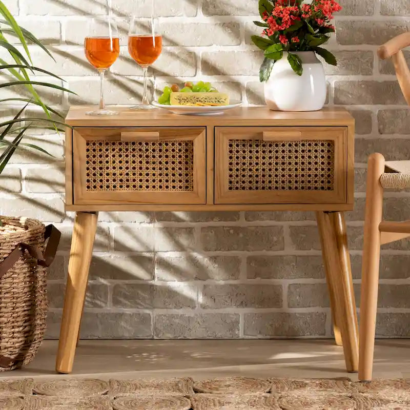 Consolle a 1 cassetto in rattan marrone quercia stile Mid-Century, singolo