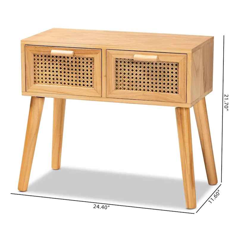 Consolle a 1 cassetto in rattan marrone quercia stile Mid-Century, singolo
