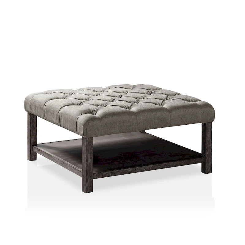 Pouf/ottoman quadrato imbottito in tessuto grigio Belbeck Farmhouse con ripiano aperto di Furniture of America