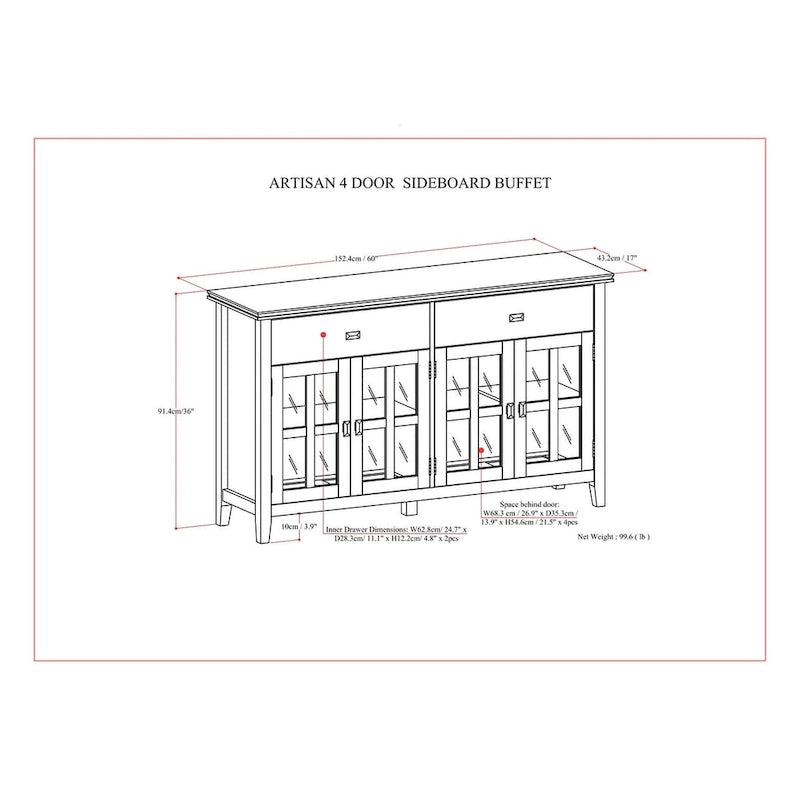 Credenza/Buffet grande a 4 ante Stratford 60, in legno massello, stile tradizionale - 17p x 60l x 34a