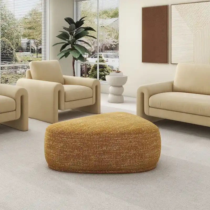 Poggiapiedi rotondo triangolare in tweed giallo senape/pelle marrone chiaro, 2 posti a sedere