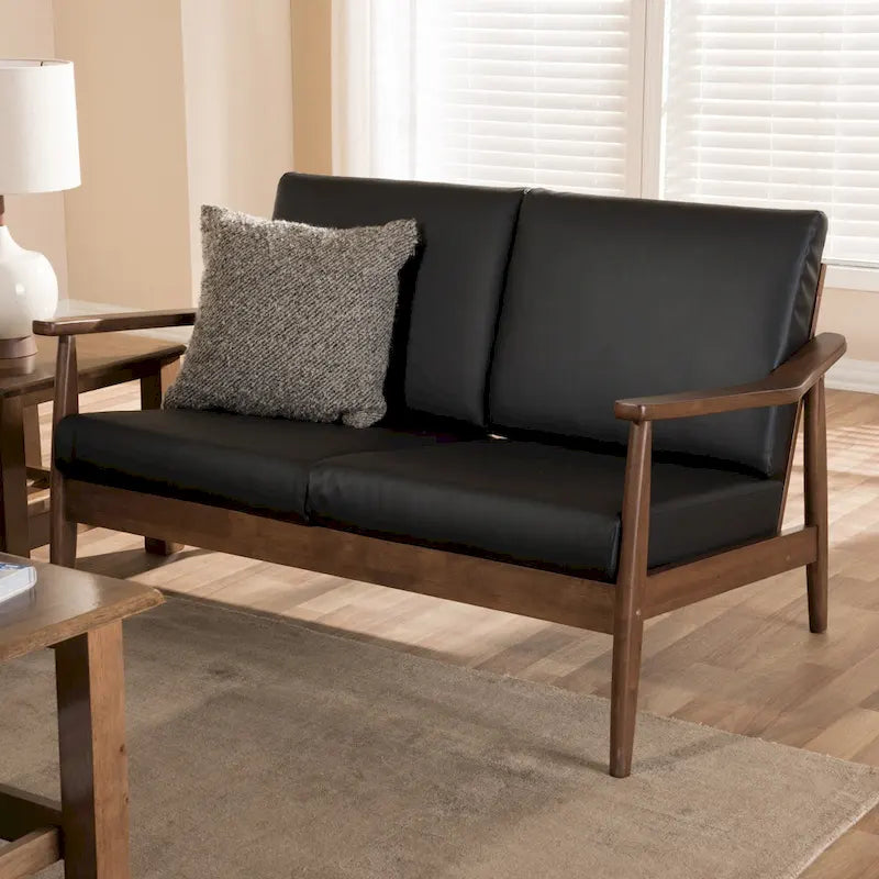 Divanetto Mid-Century Modern con Cuscini Sfoderabili Marrone e Nero