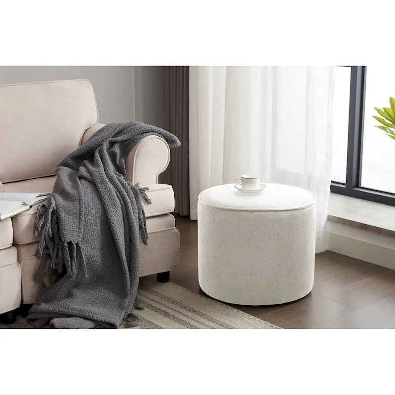 Tavolino/Pouf Ottomano Rotondo Rivestito in Bouclé in Colori Classici