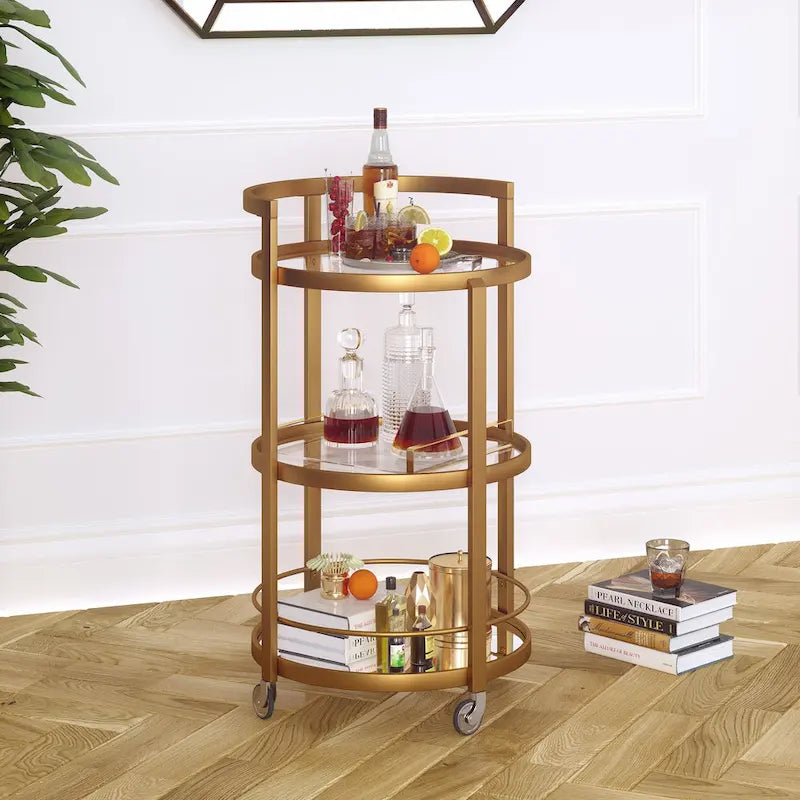 Carrello bar a specchio con finitura in ottone o nichel e ripiani in vetro temperato