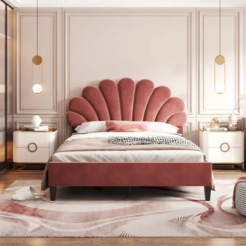 Letto a piattaforma imbottito matrimoniale con testiera a fiori