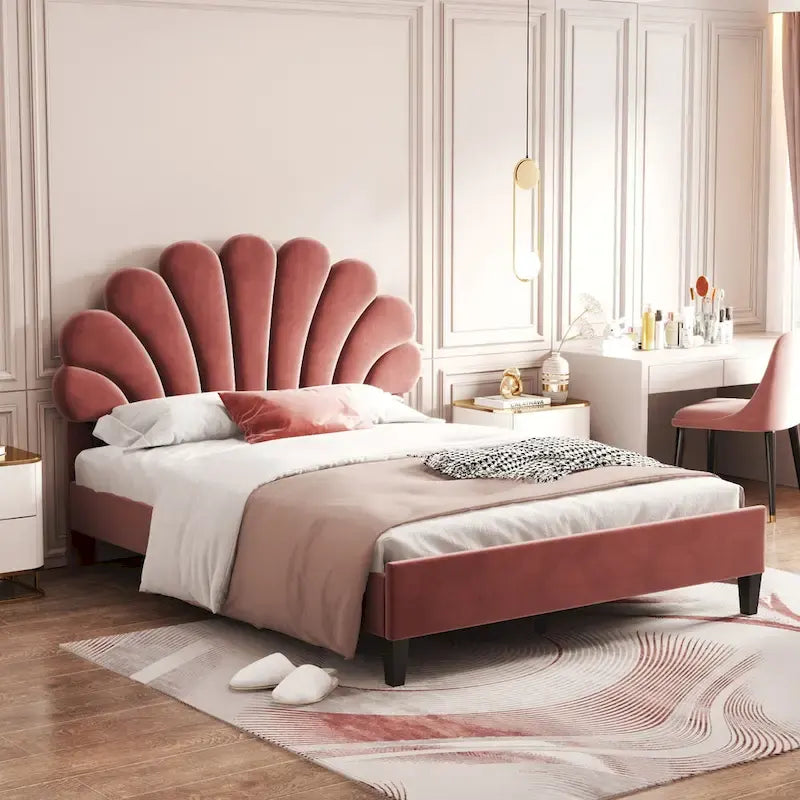Letto a piattaforma imbottito matrimoniale con testiera a fiori