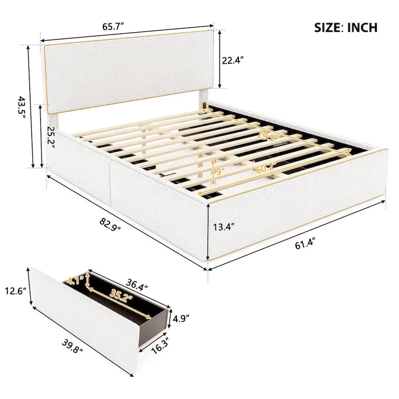 Letto imbottito a piattaforma, Queen Size, con 4 cassetti