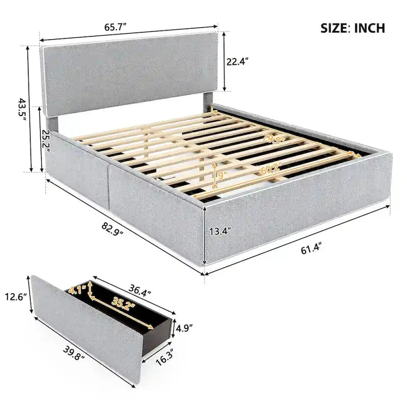 Letto imbottito a piattaforma, Queen Size, con 4 cassetti