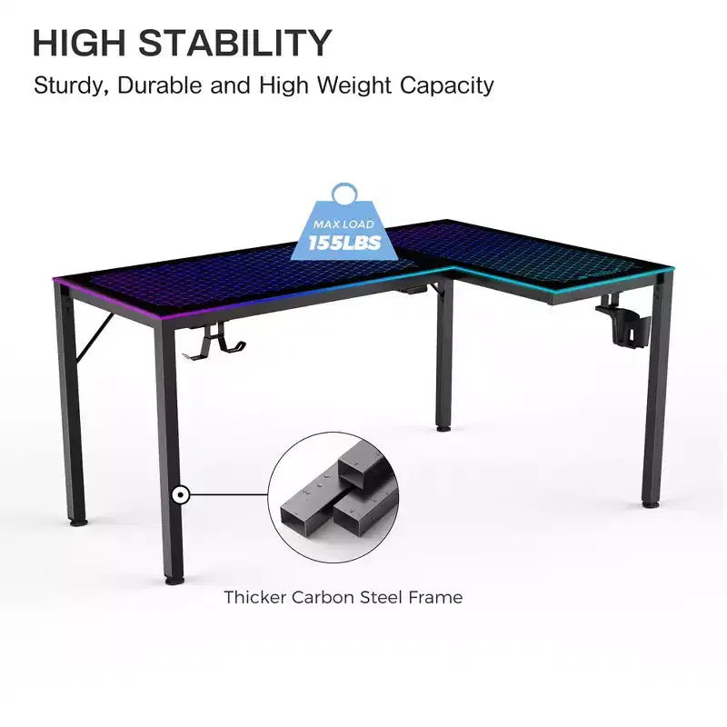 GTG-L60, Scrivania da gaming angolare in vetro a L 60x23, Nero, 48,54 P x 60 L x 30 A
