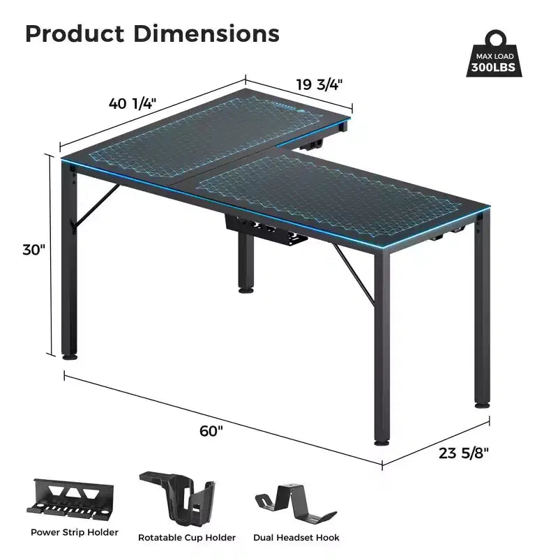 GTG-L60, Scrivania da gaming angolare in vetro a L 60x23, Nero, 48,54 P x 60 L x 30 A