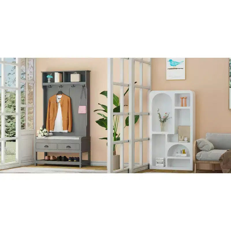 Panca da ingresso 3-in-1 Famapy in legno con 4 ganci in metallo e portaoggetti