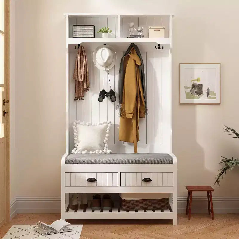 Panca da ingresso 3-in-1 Famapy in legno con 4 ganci in metallo e portaoggetti