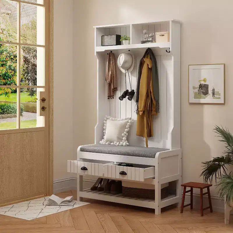 Panca da ingresso 3-in-1 Famapy in legno con 4 ganci in metallo e portaoggetti