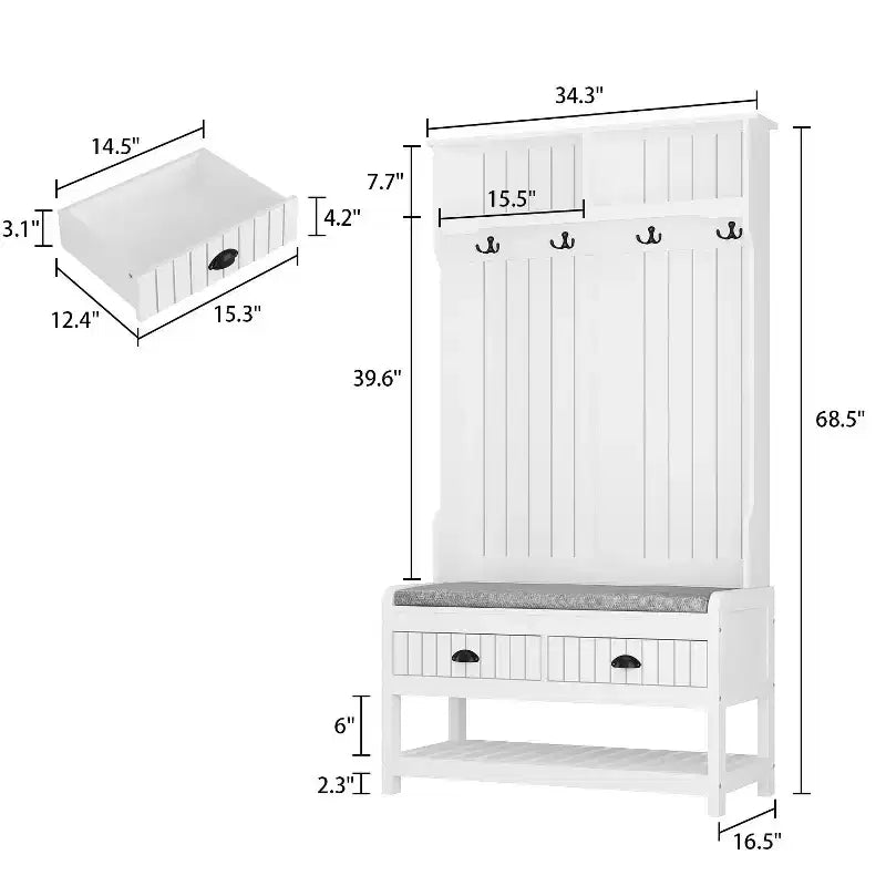 Panca da ingresso 3-in-1 Famapy in legno con 4 ganci in metallo e portaoggetti
