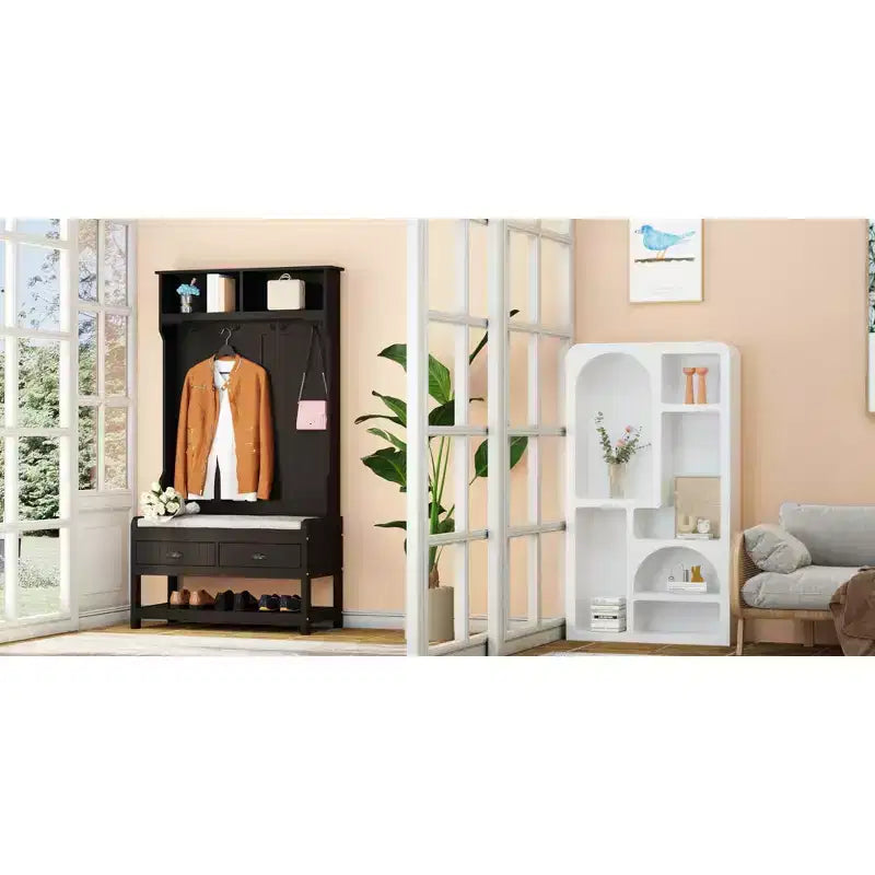 Panca da ingresso 3-in-1 Famapy in legno con 4 ganci in metallo e portaoggetti