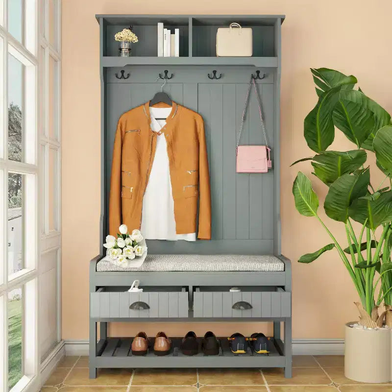 Panca da ingresso 3-in-1 Famapy in legno con 4 ganci in metallo e portaoggetti