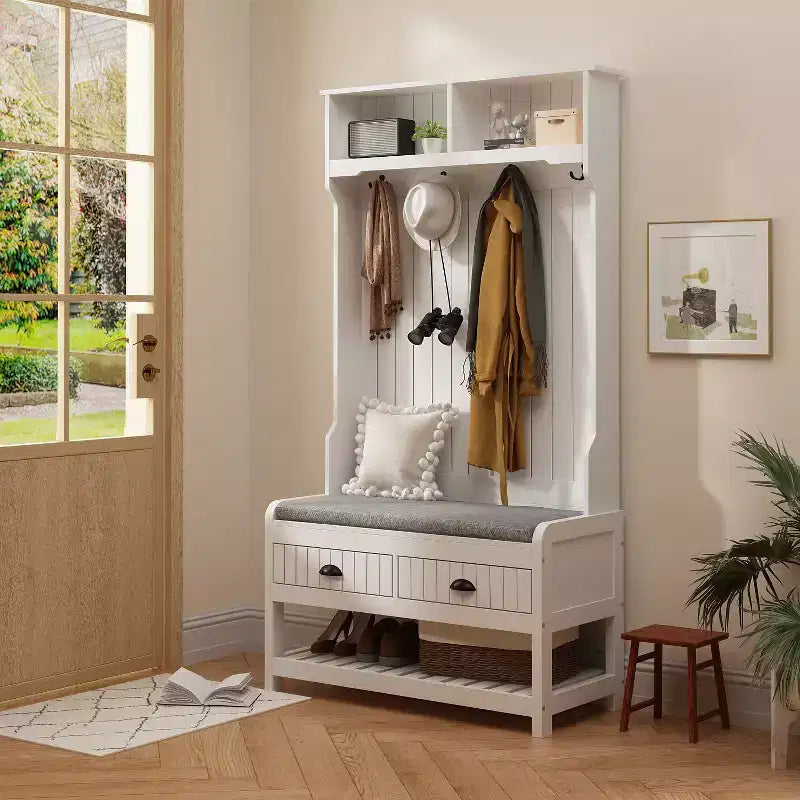 Panca da ingresso 3-in-1 Famapy in legno con 4 ganci in metallo e portaoggetti