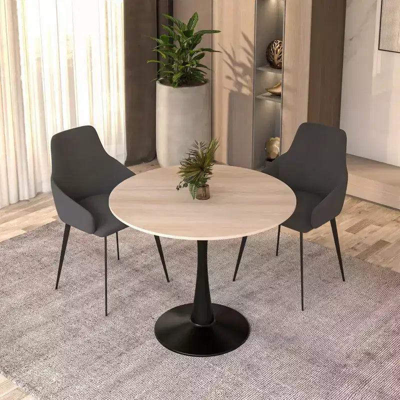 LeisureMod Bristol 35 Tavolo da Pranzo Rotondo con Top in Pietra Sinterizzata, Tavolino da Caffè d'Accento e Robusta Base a Piedistallo in Acciaio Nero per Cucina e Spazi Piccoli