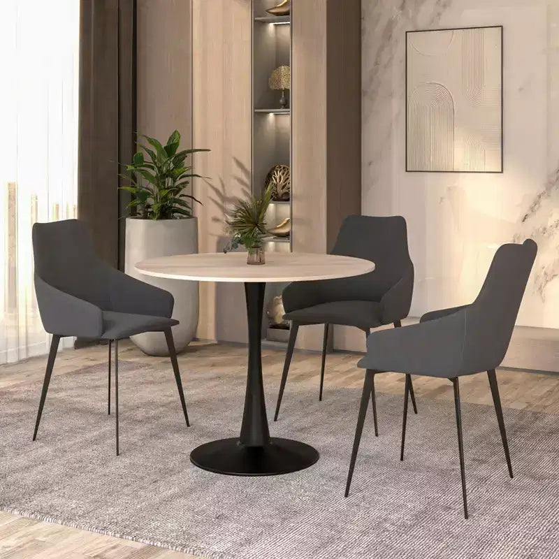 LeisureMod Bristol 35 Tavolo da Pranzo Rotondo con Top in Pietra Sinterizzata, Tavolino da Caffè d'Accento e Robusta Base a Piedistallo in Acciaio Nero per Cucina e Spazi Piccoli
