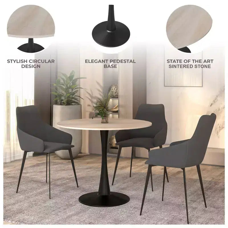 LeisureMod Bristol 35 Tavolo da Pranzo Rotondo con Top in Pietra Sinterizzata, Tavolino da Caffè d'Accento e Robusta Base a Piedistallo in Acciaio Nero per Cucina e Spazi Piccoli