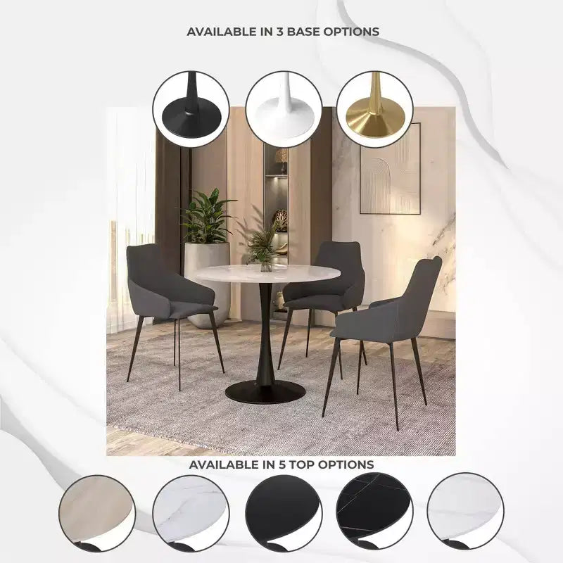 LeisureMod Bristol 35 Tavolo da Pranzo Rotondo con Top in Pietra Sinterizzata, Tavolino da Caffè d'Accento e Robusta Base a Piedistallo in Acciaio Nero per Cucina e Spazi Piccoli