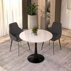 LeisureMod Bristol 35 Tavolo da Pranzo Rotondo con Top in Pietra Sinterizzata, Tavolino da Caffè d'Accento e Robusta Base a Piedistallo in Acciaio Nero per Cucina e Spazi Piccoli