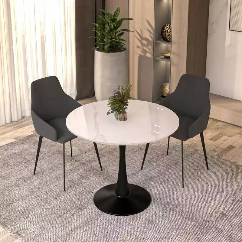 LeisureMod Bristol 35 Tavolo da Pranzo Rotondo con Top in Pietra Sinterizzata, Tavolino da Caffè d'Accento e Robusta Base a Piedistallo in Acciaio Nero per Cucina e Spazi Piccoli