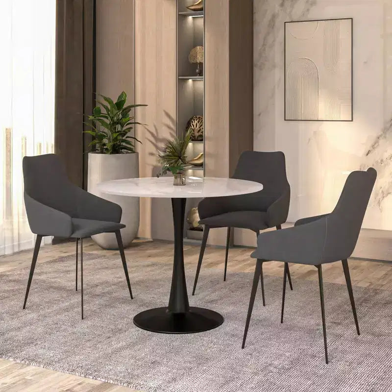 LeisureMod Bristol 35 Tavolo da Pranzo Rotondo con Top in Pietra Sinterizzata, Tavolino da Caffè d'Accento e Robusta Base a Piedistallo in Acciaio Nero per Cucina e Spazi Piccoli