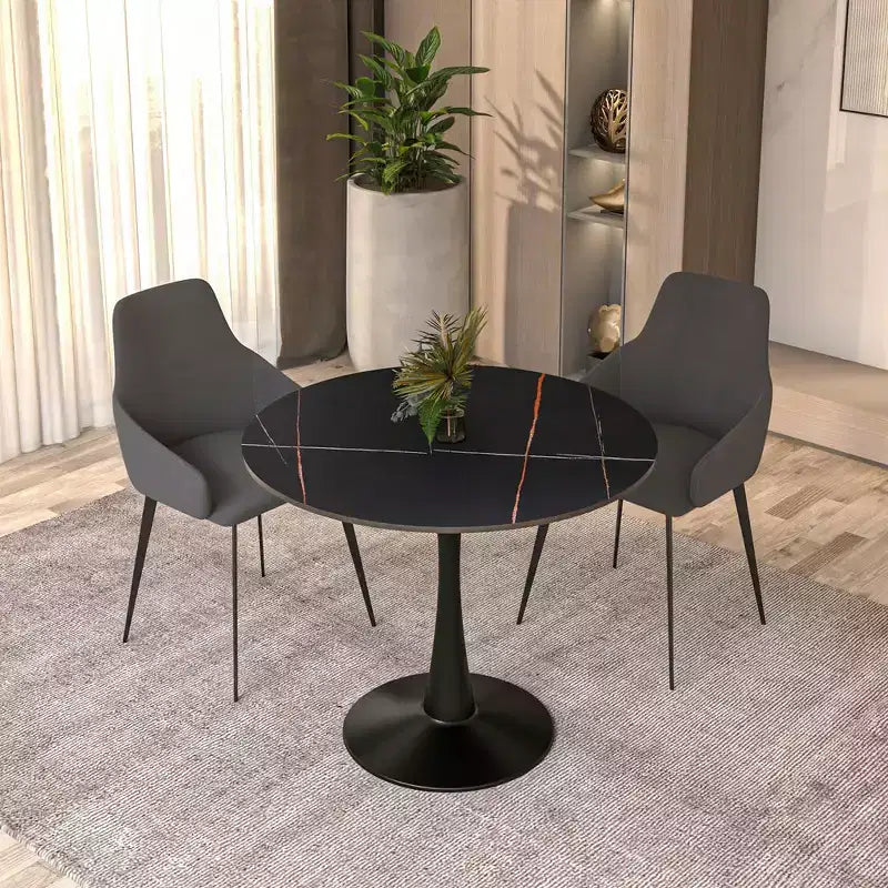 LeisureMod Bristol 35 Tavolo da Pranzo Rotondo con Top in Pietra Sinterizzata, Tavolino da Caffè d'Accento e Robusta Base a Piedistallo in Acciaio Nero per Cucina e Spazi Piccoli