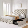 Whizmax Bed Frame with 4 Storage Drawers, Linen Upholstered Platform Bed Frame with Adjustable Headboard, Diamond Stitched Button Tufted, Off White