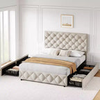 Struttura letto Whizmax con 4 cassetti contenitore, struttura letto a piattaforma imbottita in lino con testiera regolabile, capitonné con bottoni a rombi, bianco sporco