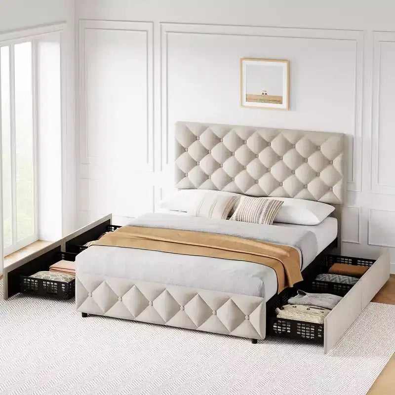 Struttura letto Whizmax con 4 cassetti contenitore, struttura letto a piattaforma imbottita in lino con testiera regolabile, capitonné con bottoni a rombi, bianco sporco