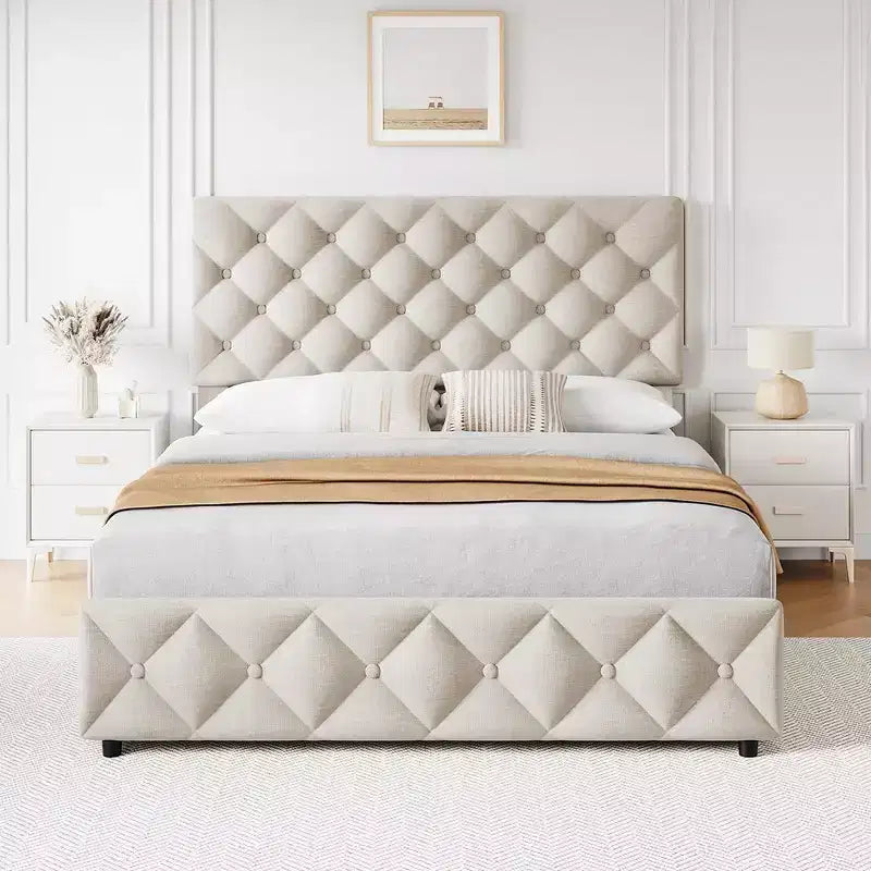 Struttura letto Whizmax con 4 cassetti contenitore, struttura letto a piattaforma imbottita in lino con testiera regolabile, capitonné con bottoni a rombi, bianco sporco
