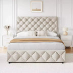 Struttura letto Whizmax con 4 cassetti contenitore, struttura letto a piattaforma imbottita in lino con testiera regolabile, capitonné con bottoni a rombi, bianco sporco