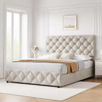 Struttura letto Whizmax con 4 cassetti contenitore, struttura letto a piattaforma imbottita in lino con testiera regolabile, capitonné con bottoni a rombi, bianco sporco