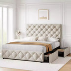 Struttura letto Whizmax con 4 cassetti contenitore, struttura letto a piattaforma imbottita in lino con testiera regolabile, capitonné con bottoni a rombi, bianco sporco