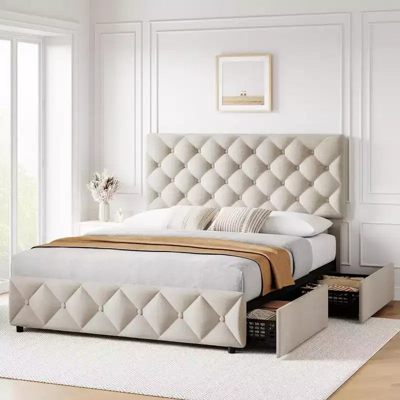Struttura letto Whizmax con 4 cassetti contenitore, struttura letto a piattaforma imbottita in lino con testiera regolabile, capitonné con bottoni a rombi, bianco sporco